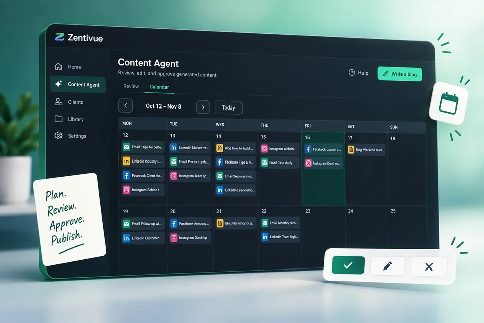 The Zentivue Content Agent calendar showing a month of scheduled drafts across channels