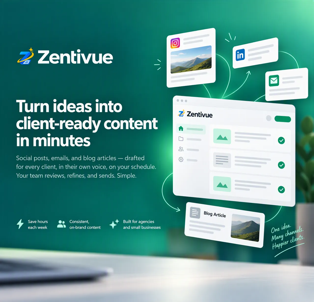 Zentivue: turn ideas into client-ready content in minutes, with posts for Instagram, LinkedIn and email beside the review queue