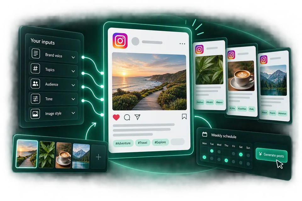 Inputs for brand voice, topics, audience, tone and image style, plus a row of images, feeding an Instagram post draft with hashtags, beside more drafts, a weekly schedule and a Generate posts button