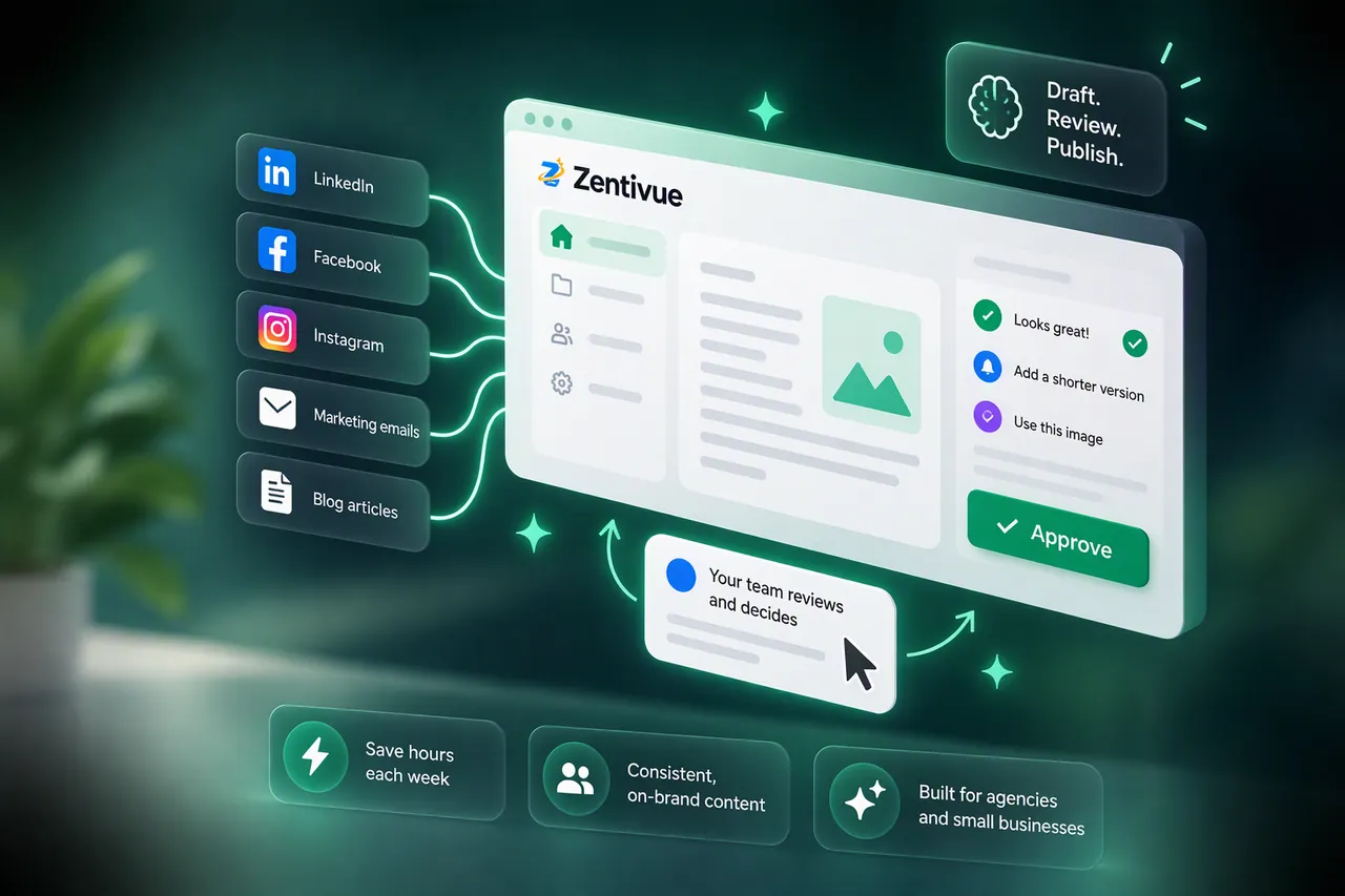 Zentivue: LinkedIn, Facebook, Instagram, marketing email and blog article content flows into one draft that your team reviews, approves and publishes